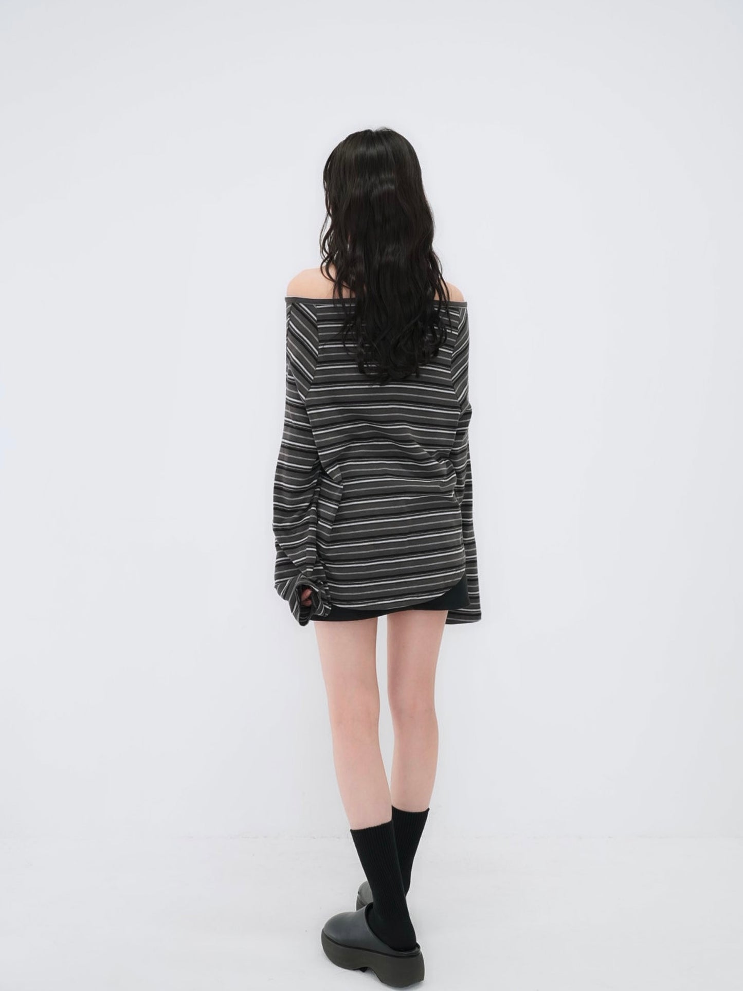stripe button off shoulder t