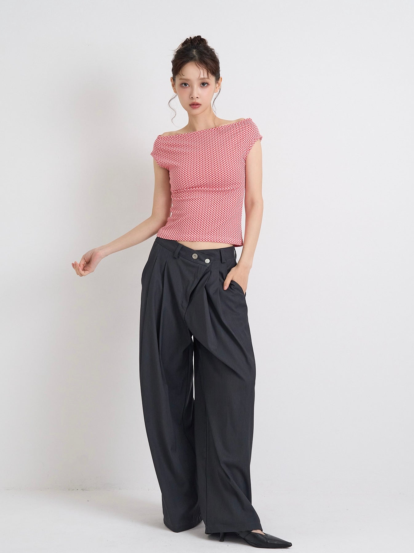 gingham off shoulder tops