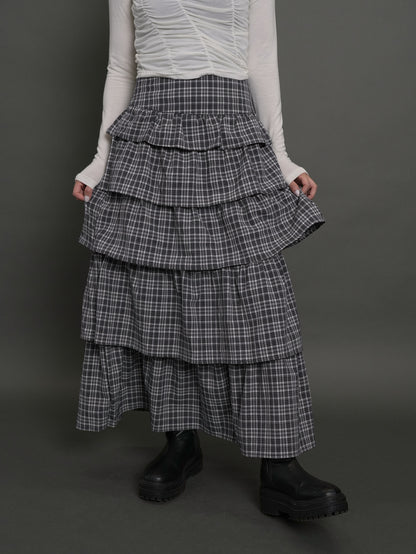 check frill long skirt