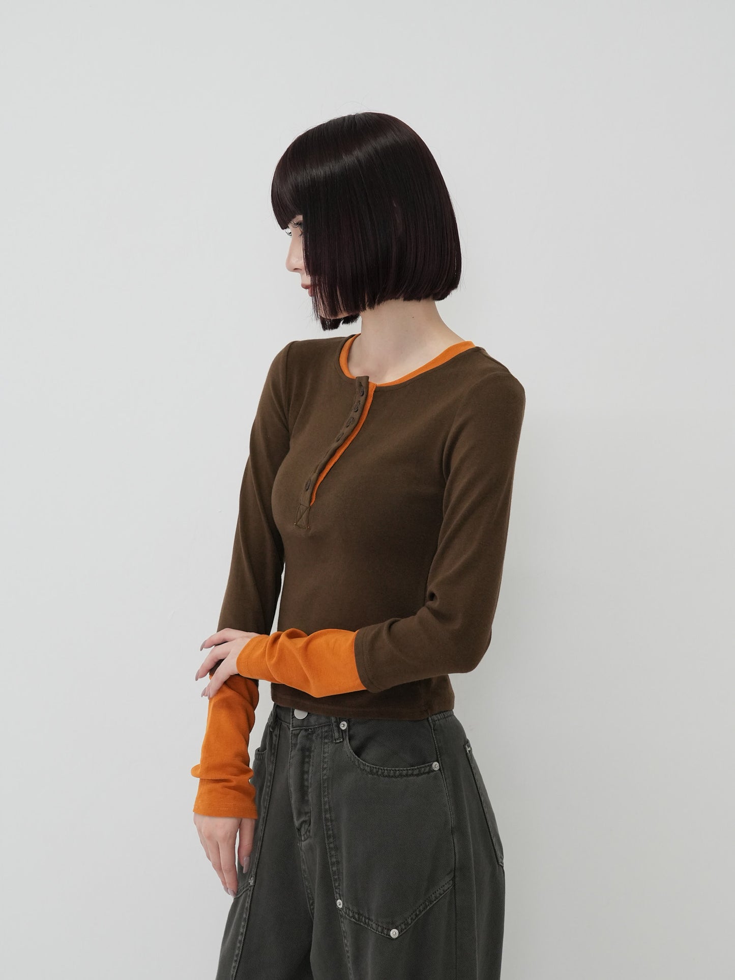 half button bicolor tops