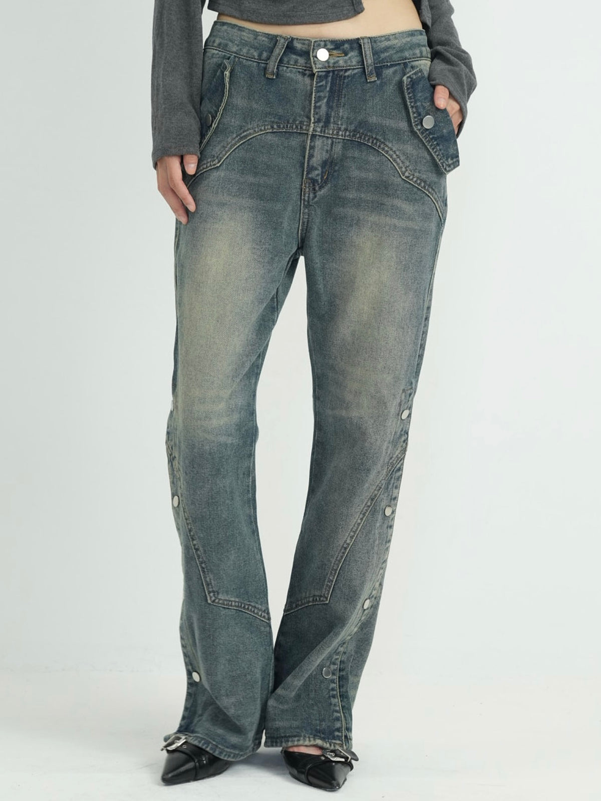 wide slit bootcut denim pants