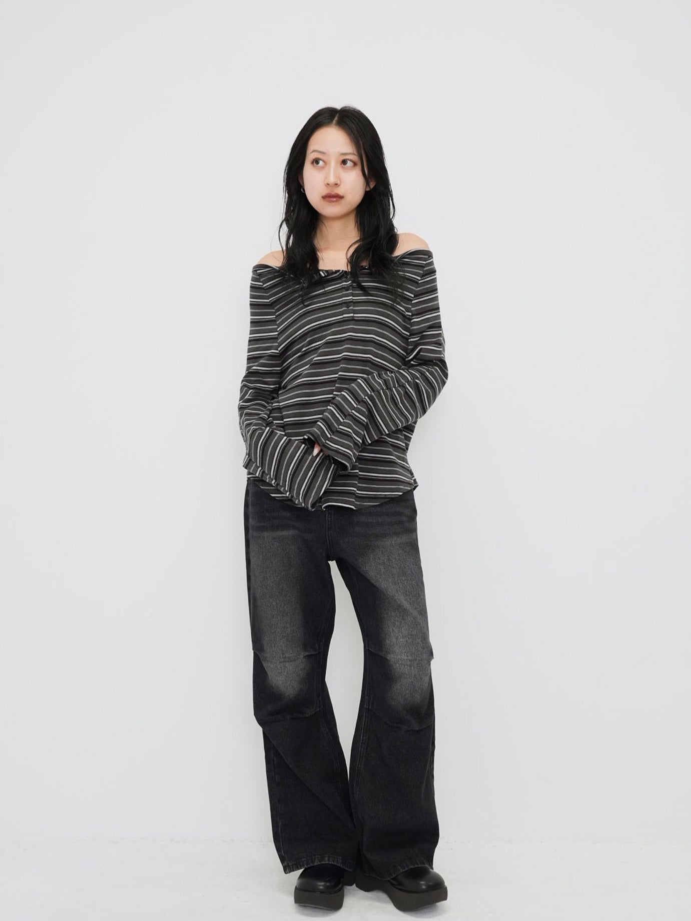stripe button off shoulder t