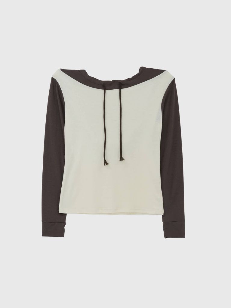 contrast off shoulder hooded tops