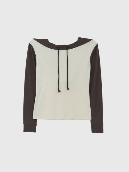 contrast off shoulder hooded tops