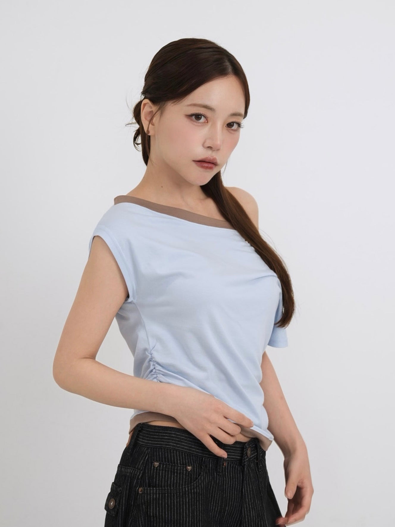 bicolor eyelet off shoulder tops