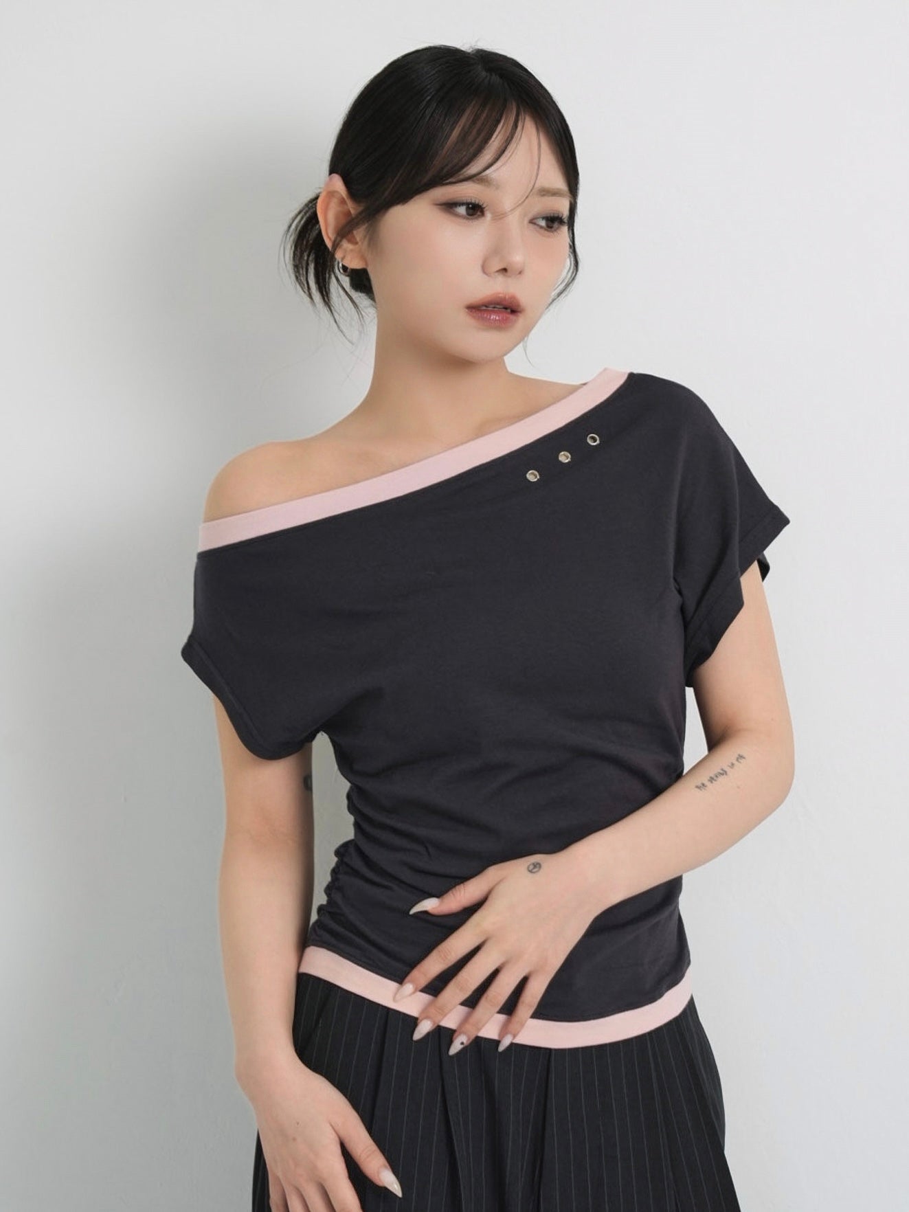 bicolor eyelet off shoulder tops