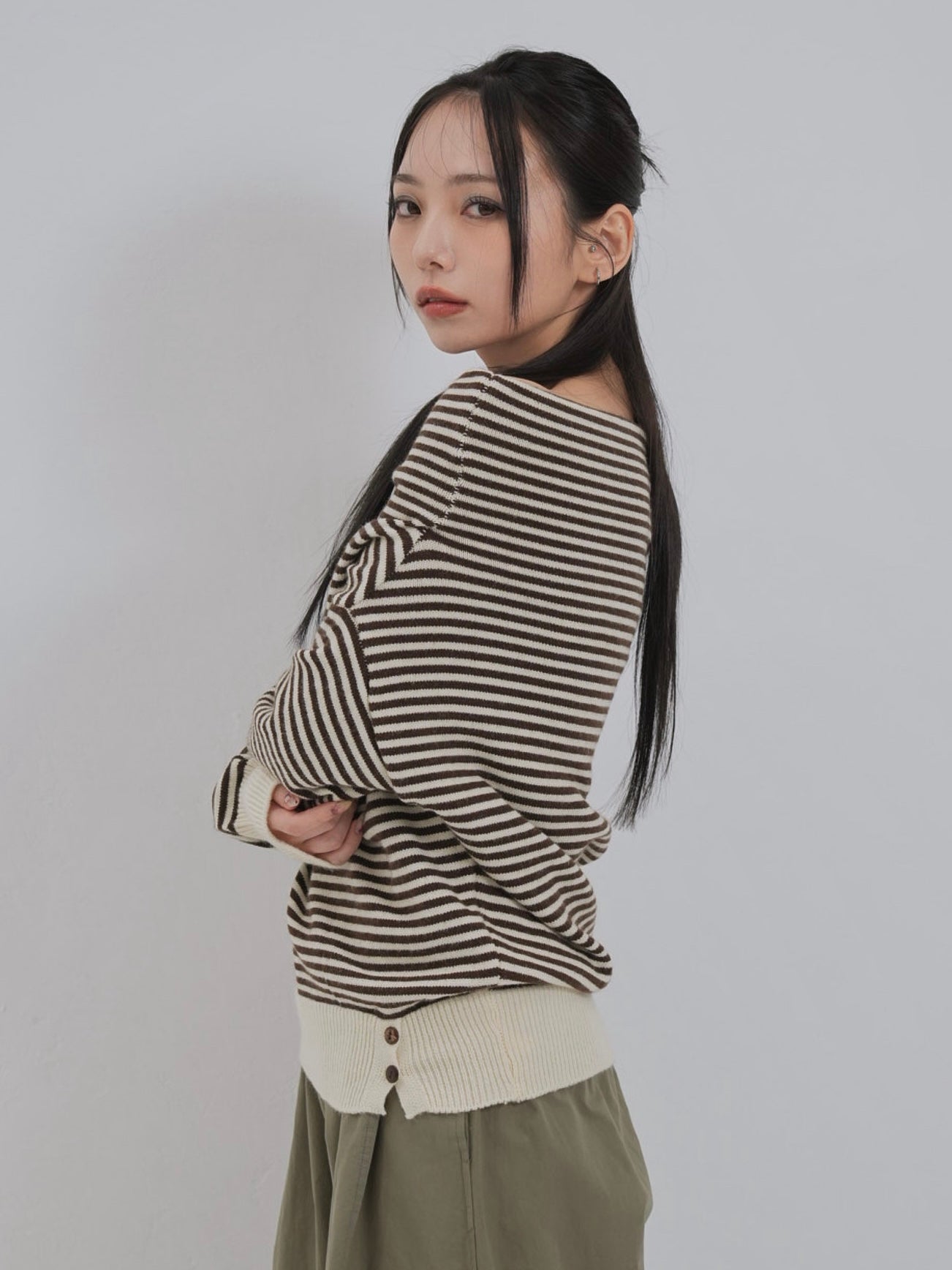 striped off shoulder knit