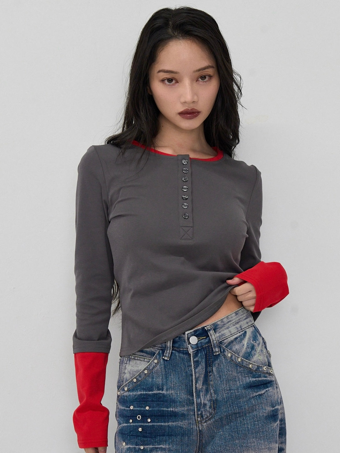 half button bicolor tops #3