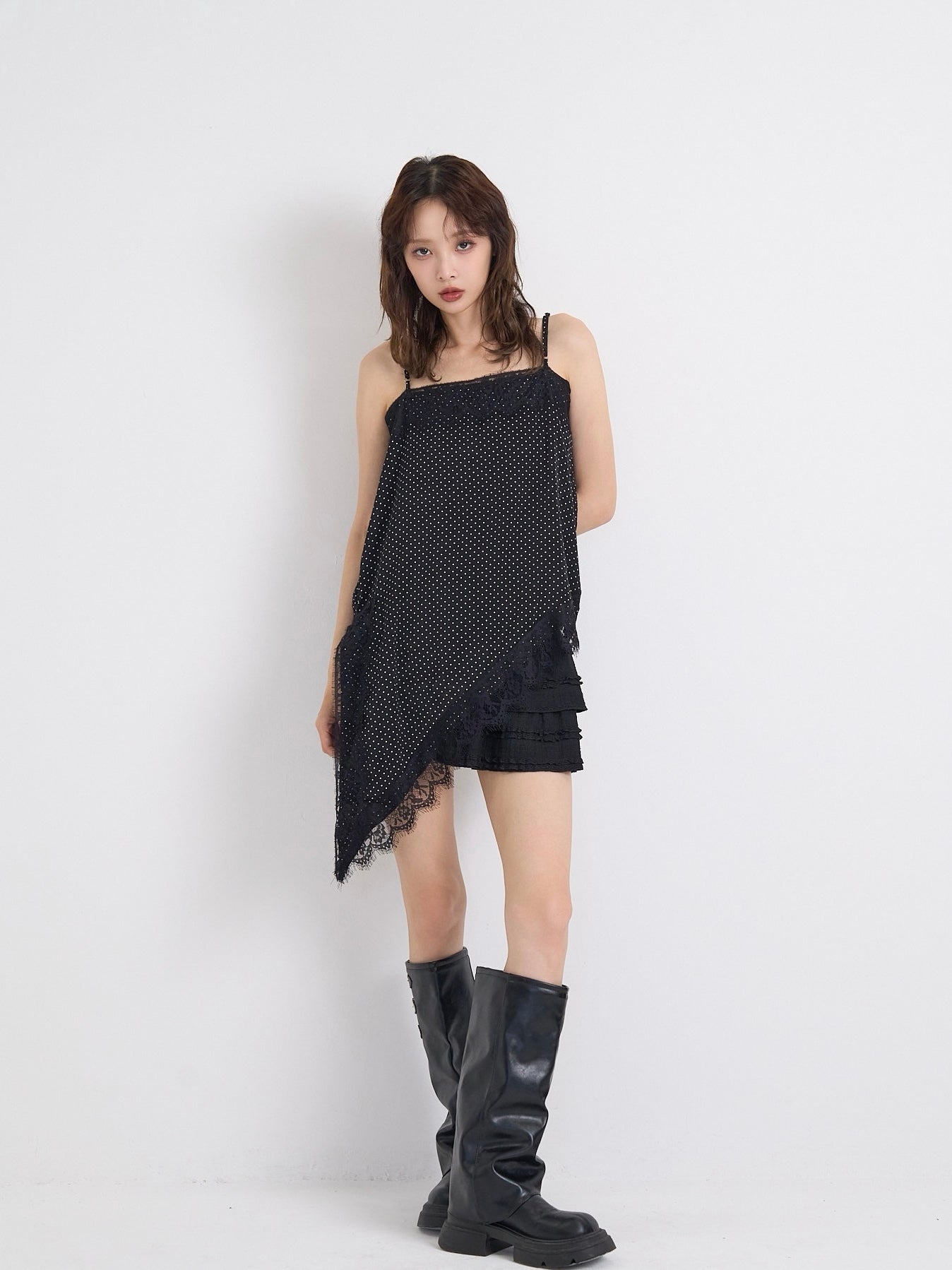 dot lace slip dress
