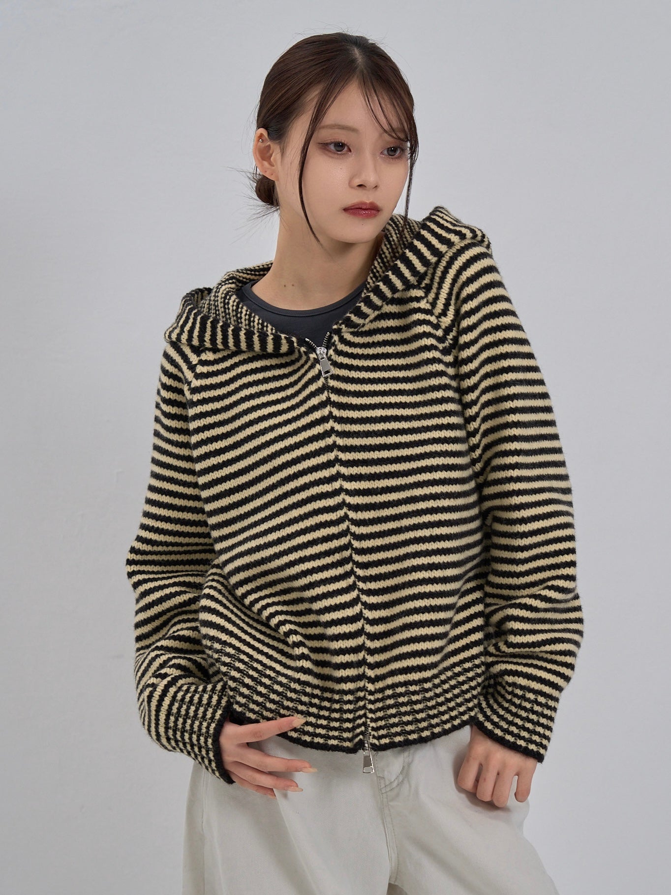double zip striped knit hoodie