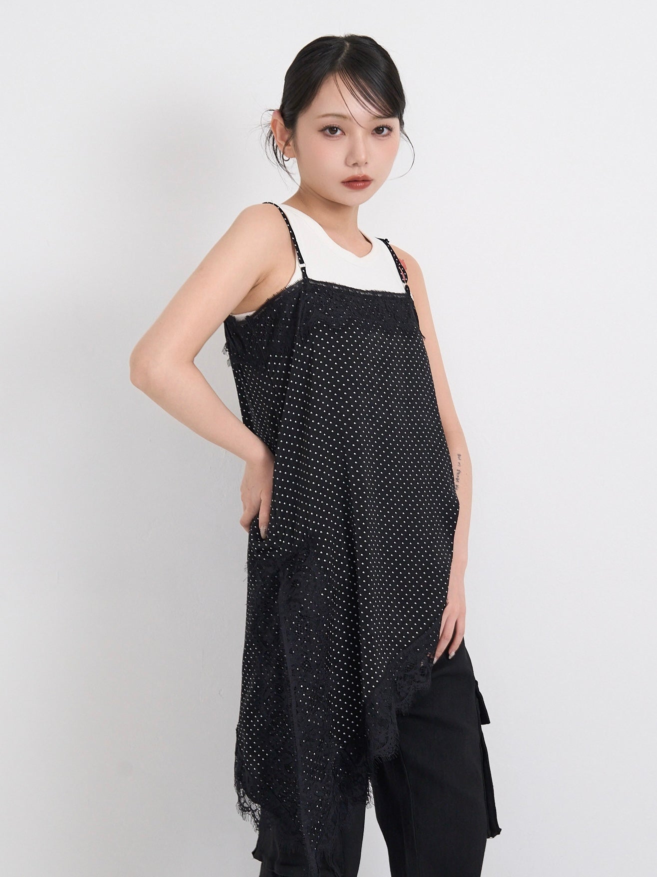 dot lace slip dress
