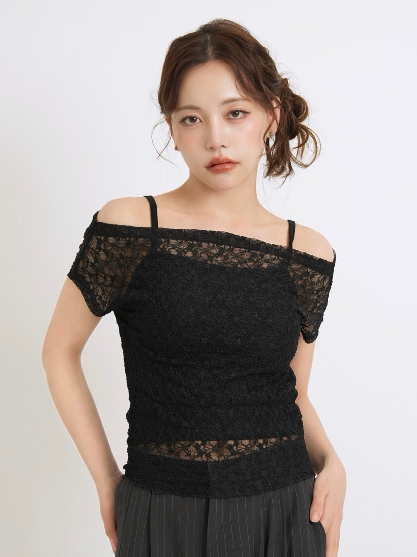 lace shirring off shoulder tops