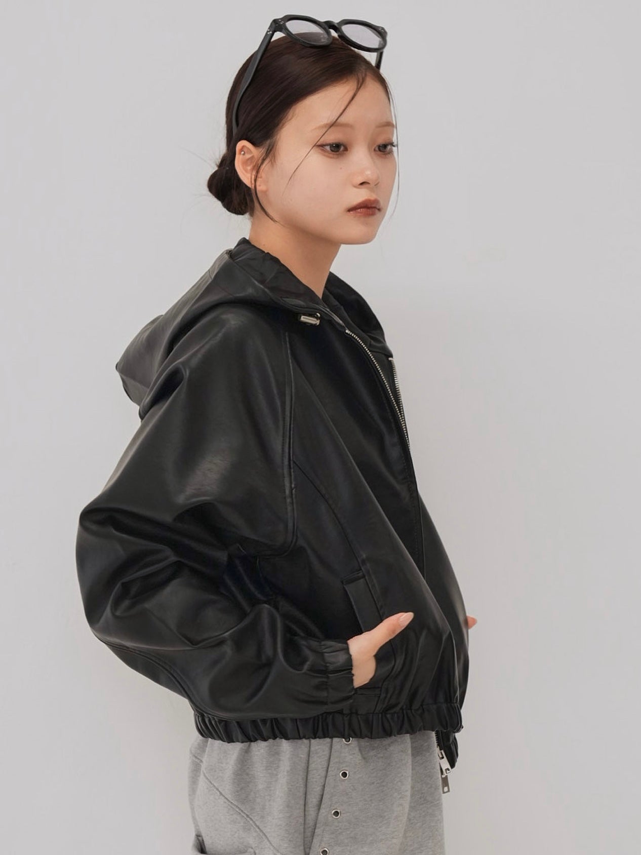 cropped hooded leather jacket