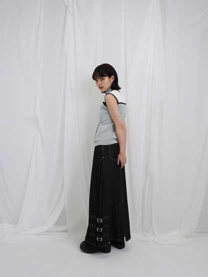 belt long denim skirt