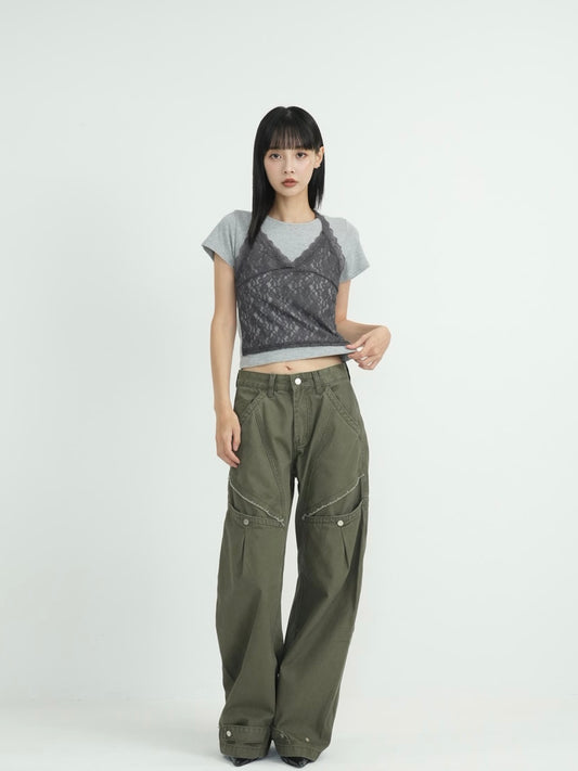 ‫low rise cargo pocket wide pants ‬