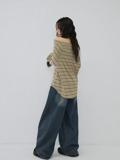 stripe button off shoulder t
