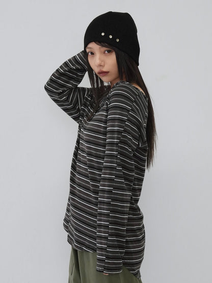 stripe button off shoulder t