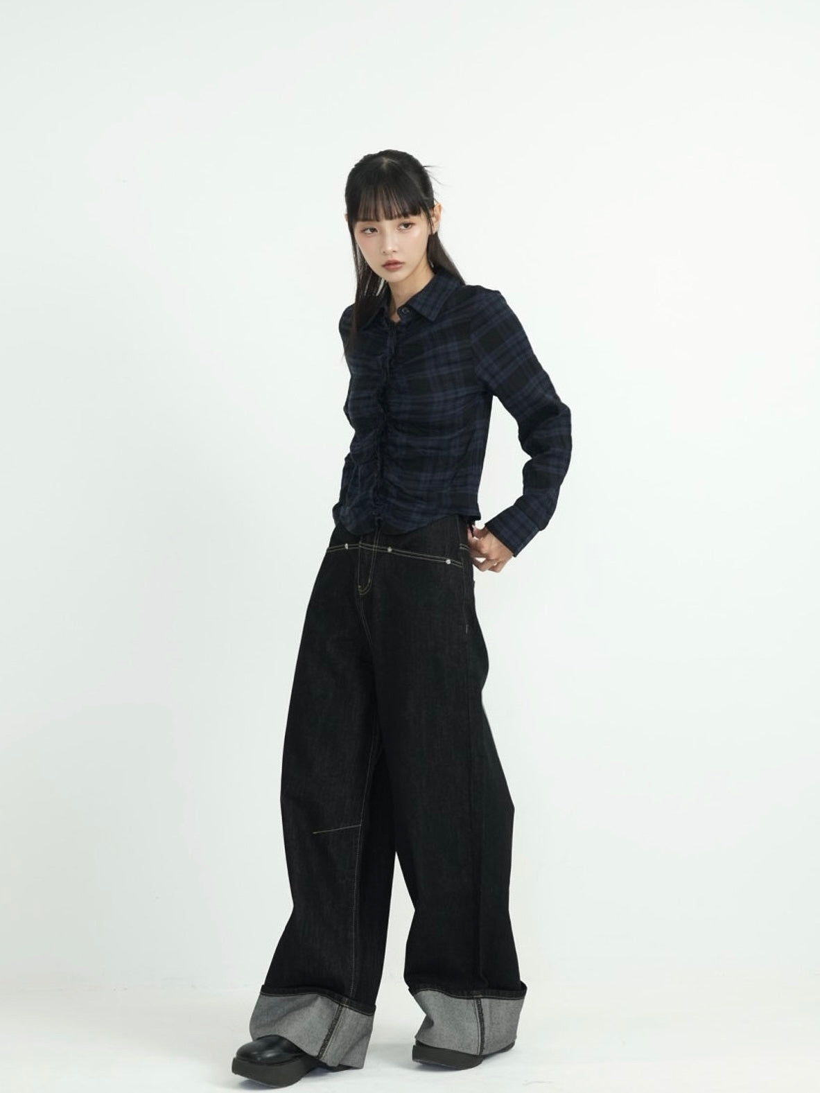 check frill blouse shirt