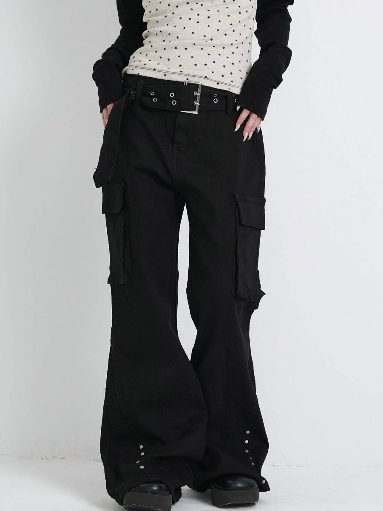 belt stud bootcut pants