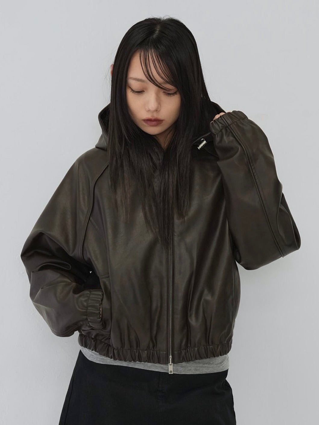 cropped hooded leather jacket