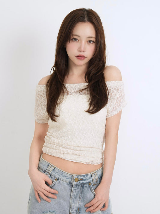 lace shirring off shoulder tops