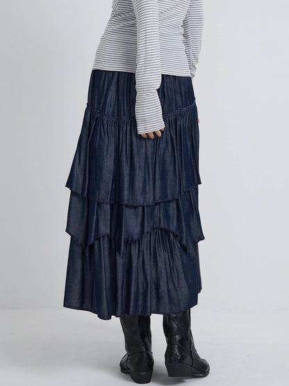 volume denim tiered skirt
