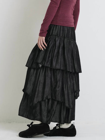 volume denim tiered skirt
