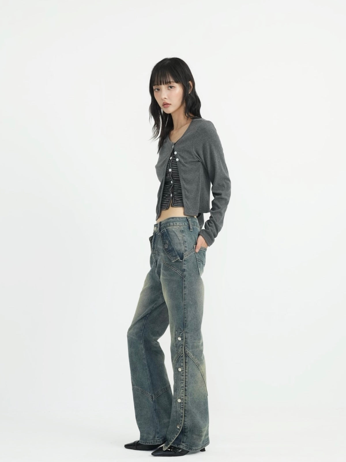 wide slit bootcut denim pants