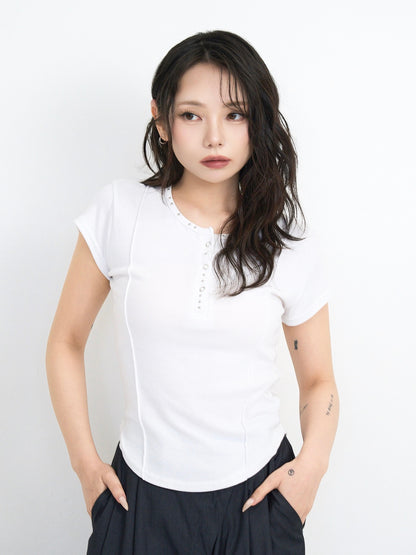 cropped stud henley tops