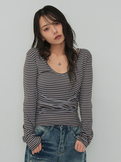 stripe waist wrap tops