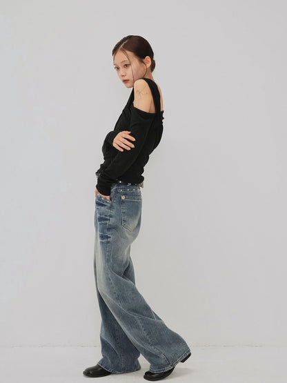 eyelet stud wide denim