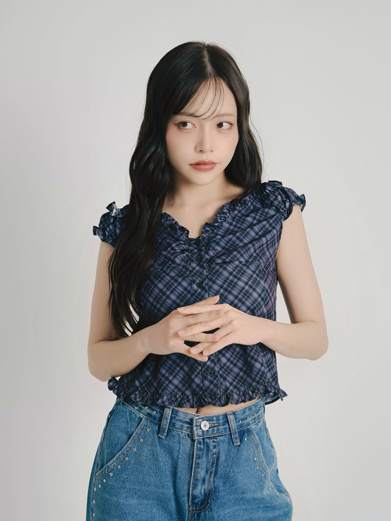 check frill sleeveless blouse