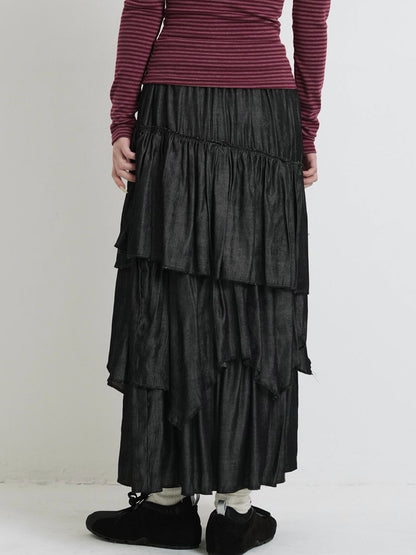 volume denim tiered skirt