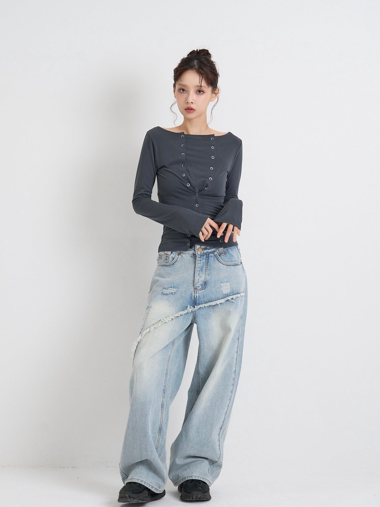 curved panel denim pants