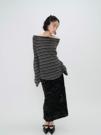 stripe button off shoulder t