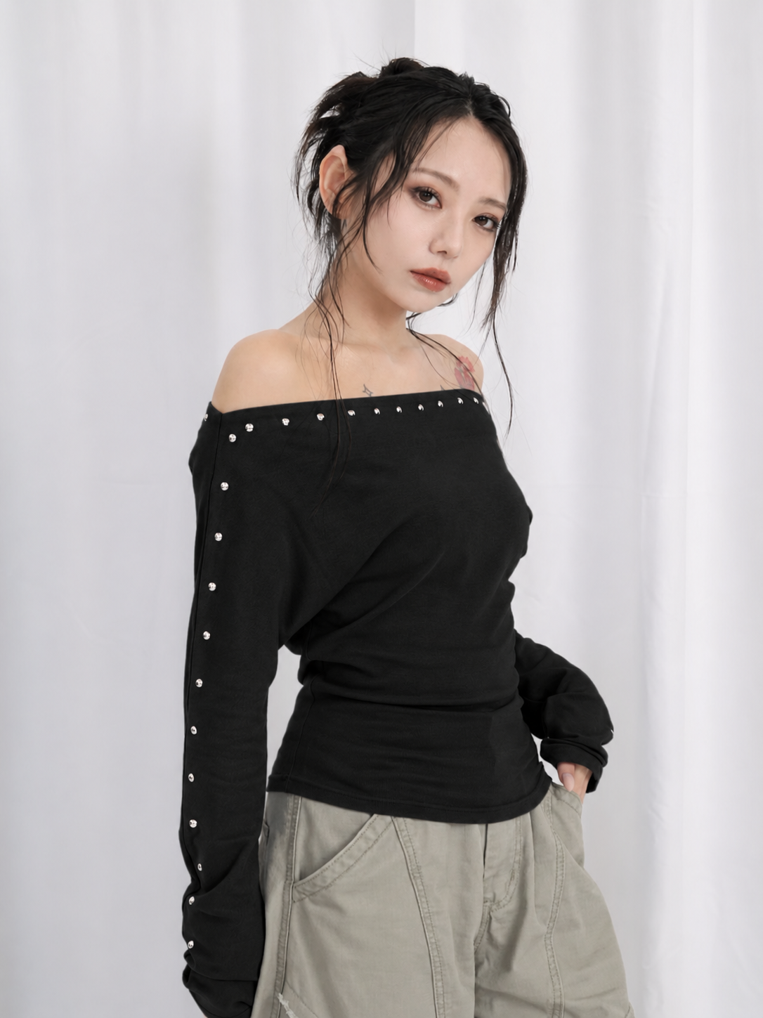 studs detail off shoulder tops