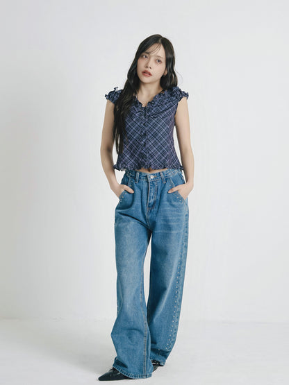 check frill sleeveless blouse