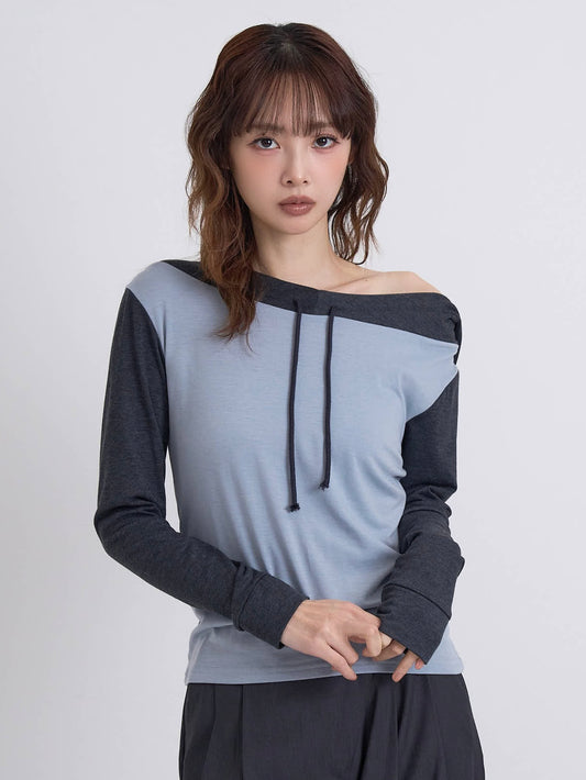 contrast off shoulder hooded tops