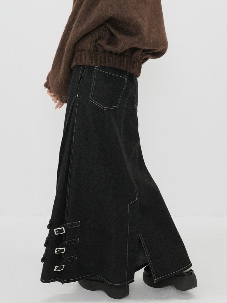 belt long denim skirt