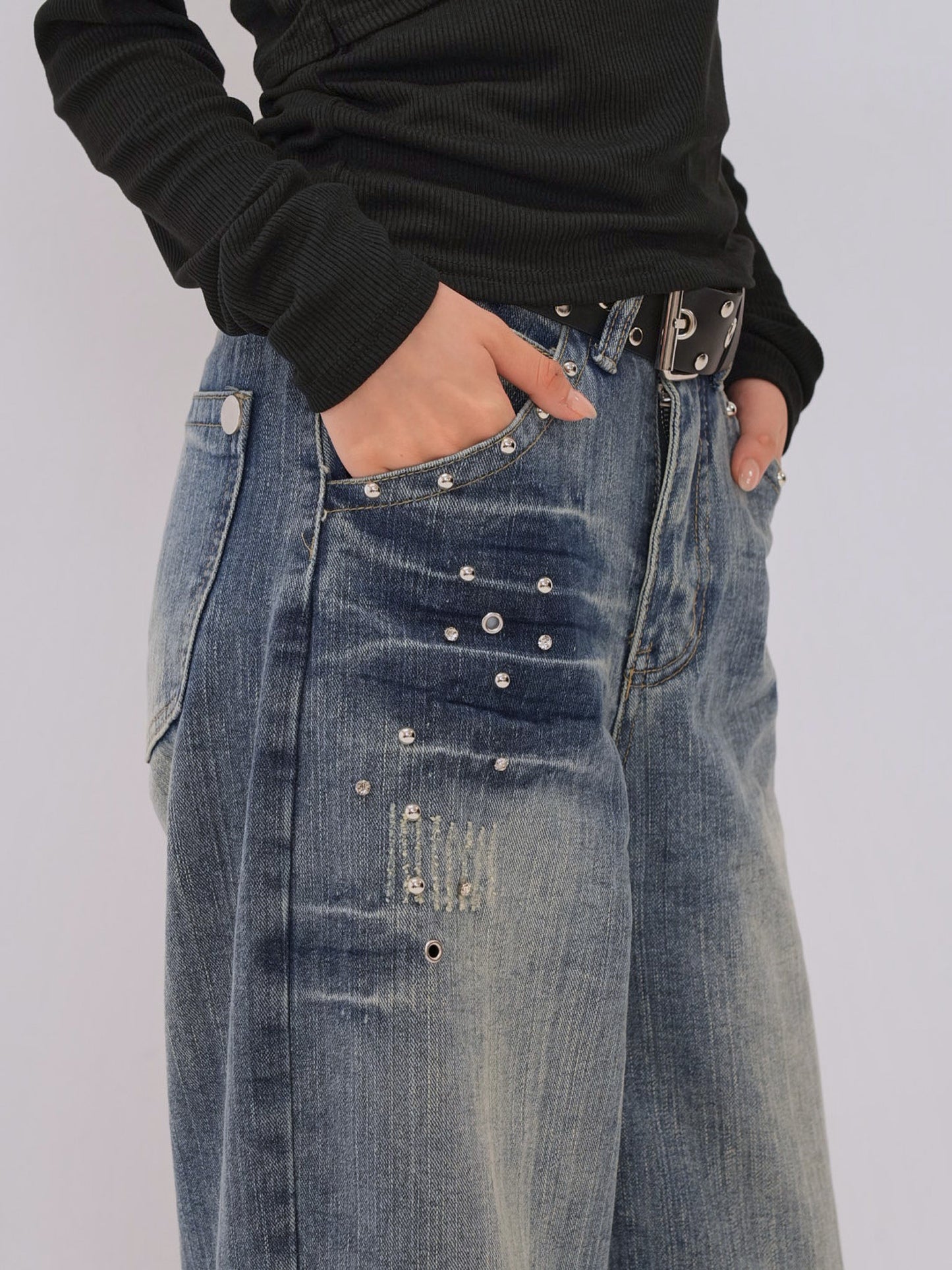 eyelet stud wide denim
