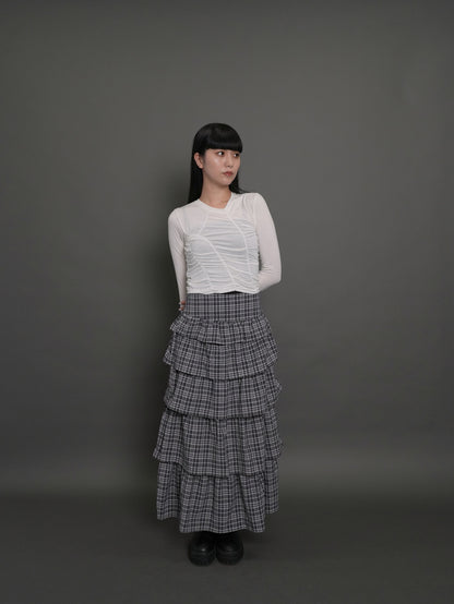 check frill long skirt