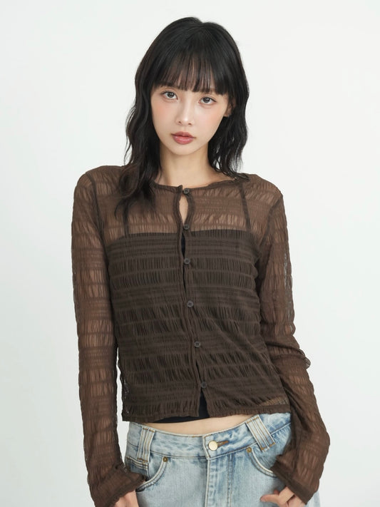 pleated mesh button cardigan