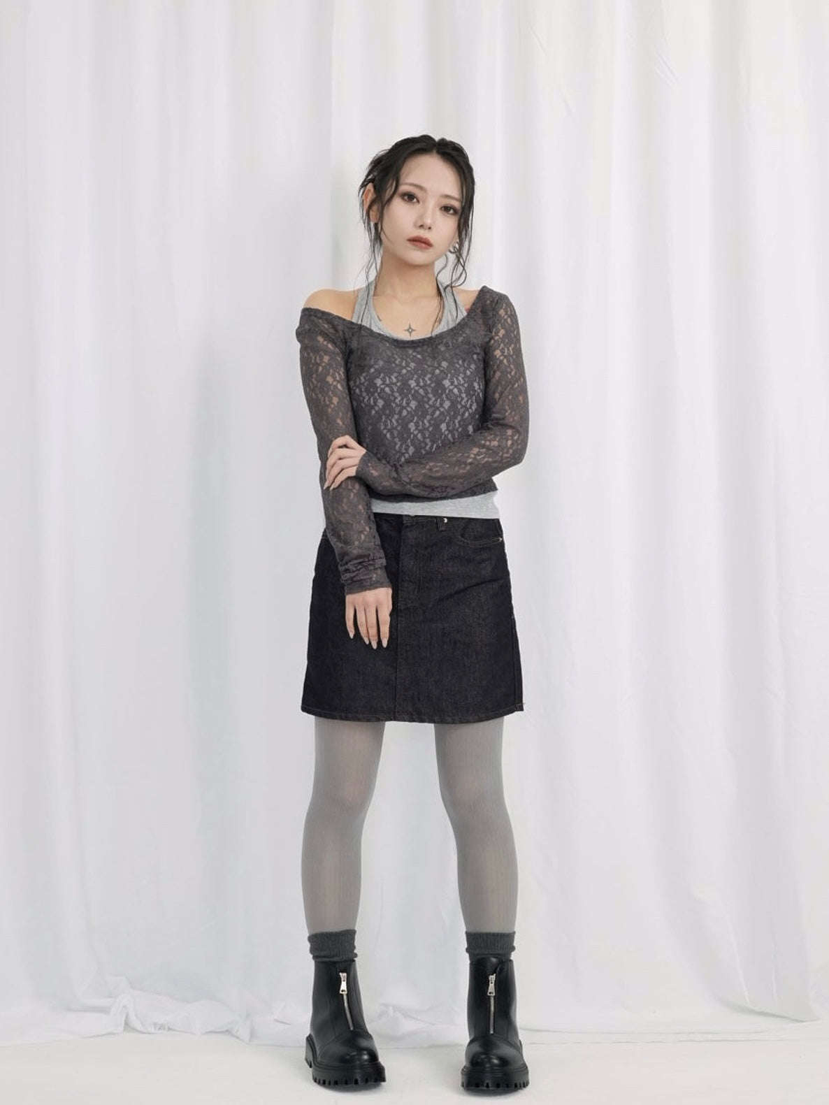 layered lace halter tops｜インナーキャミ一体型レースハルター
