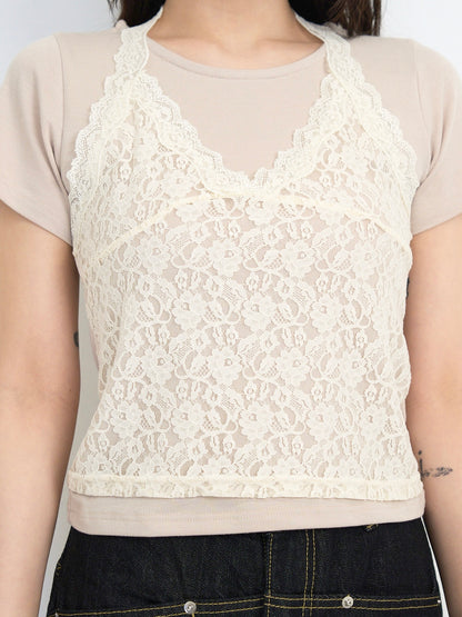lace overlay halter tops