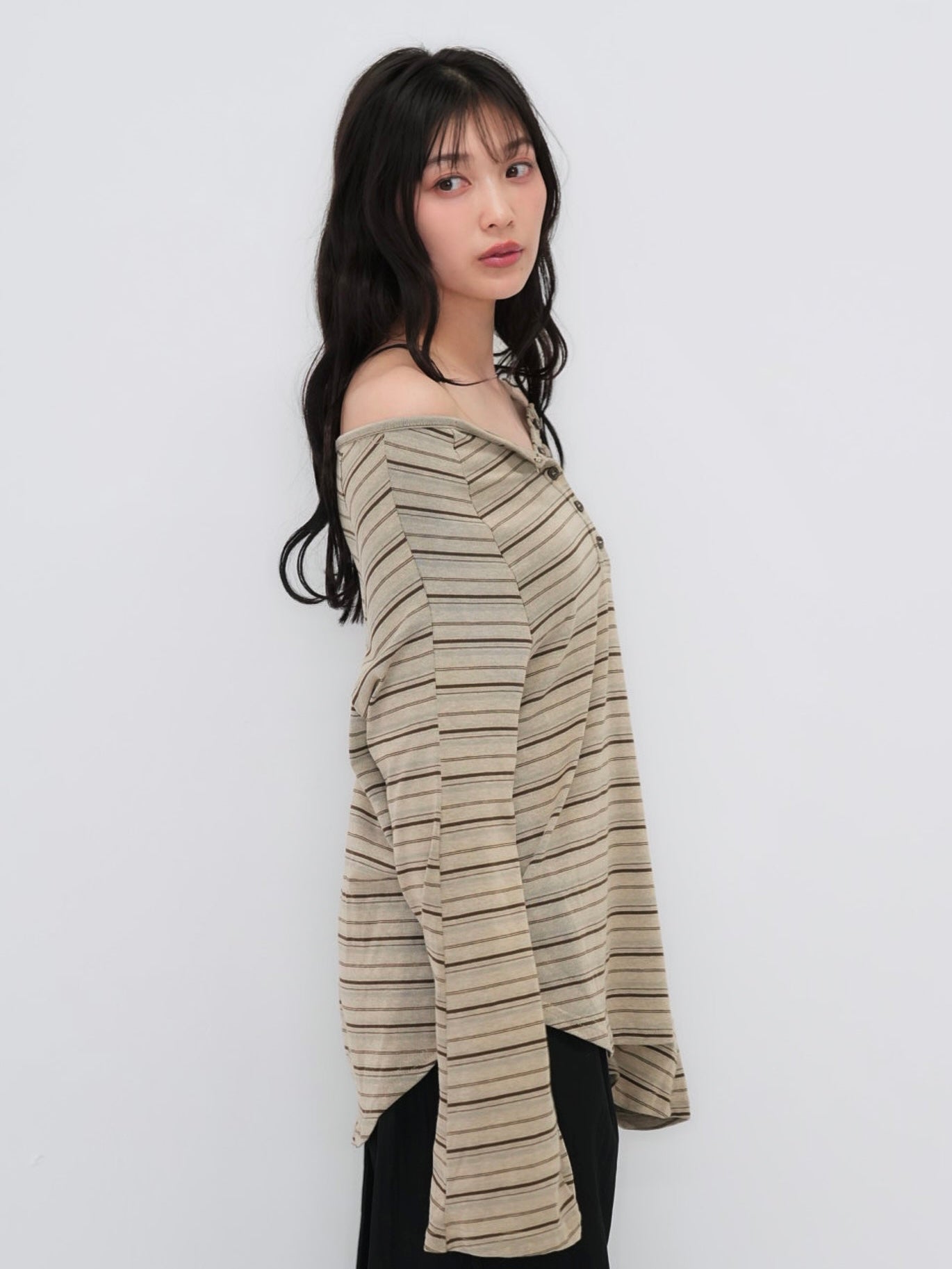 stripe button off shoulder t