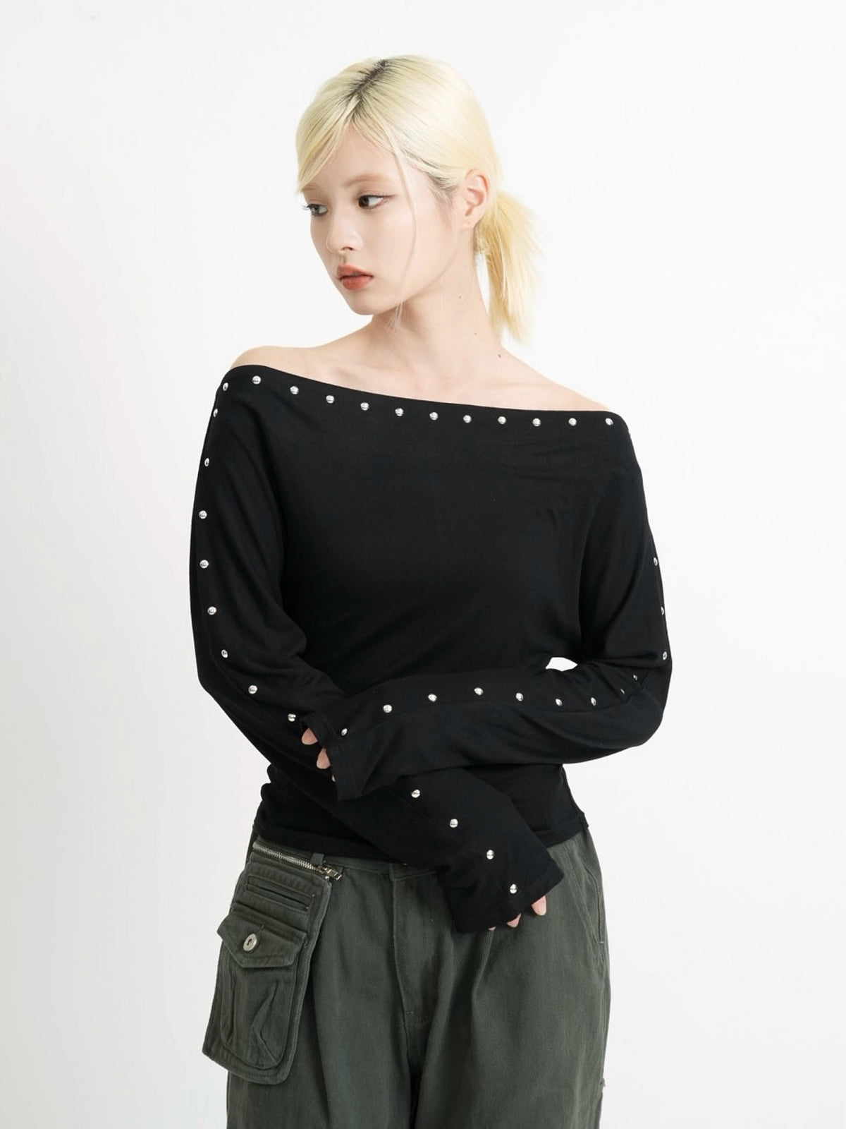 studs detail off shoulder tops