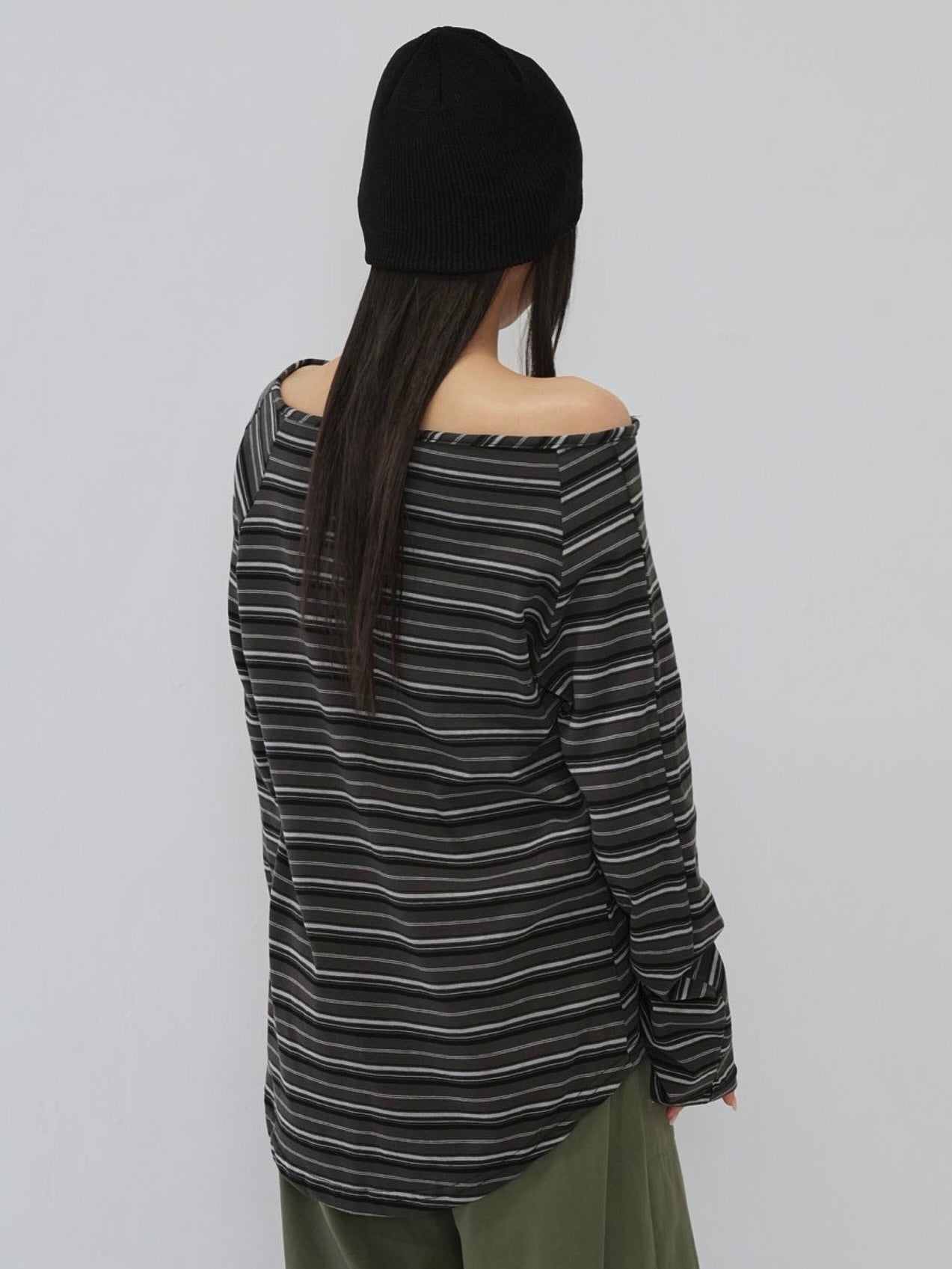 stripe button off shoulder t