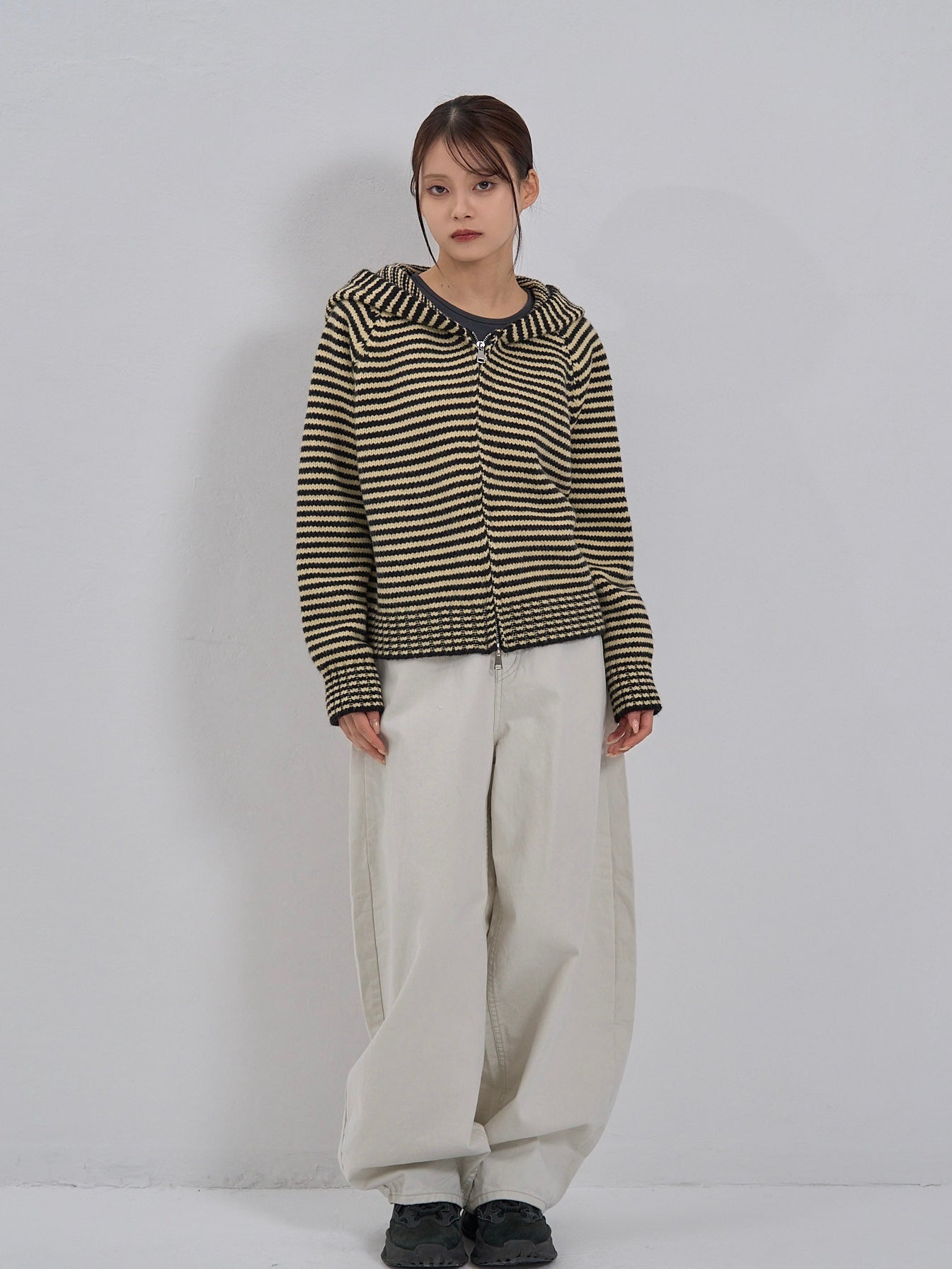 double zip striped knit hoodie