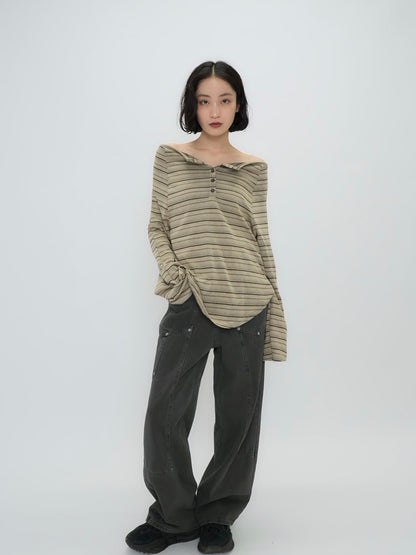 stripe button off shoulder t