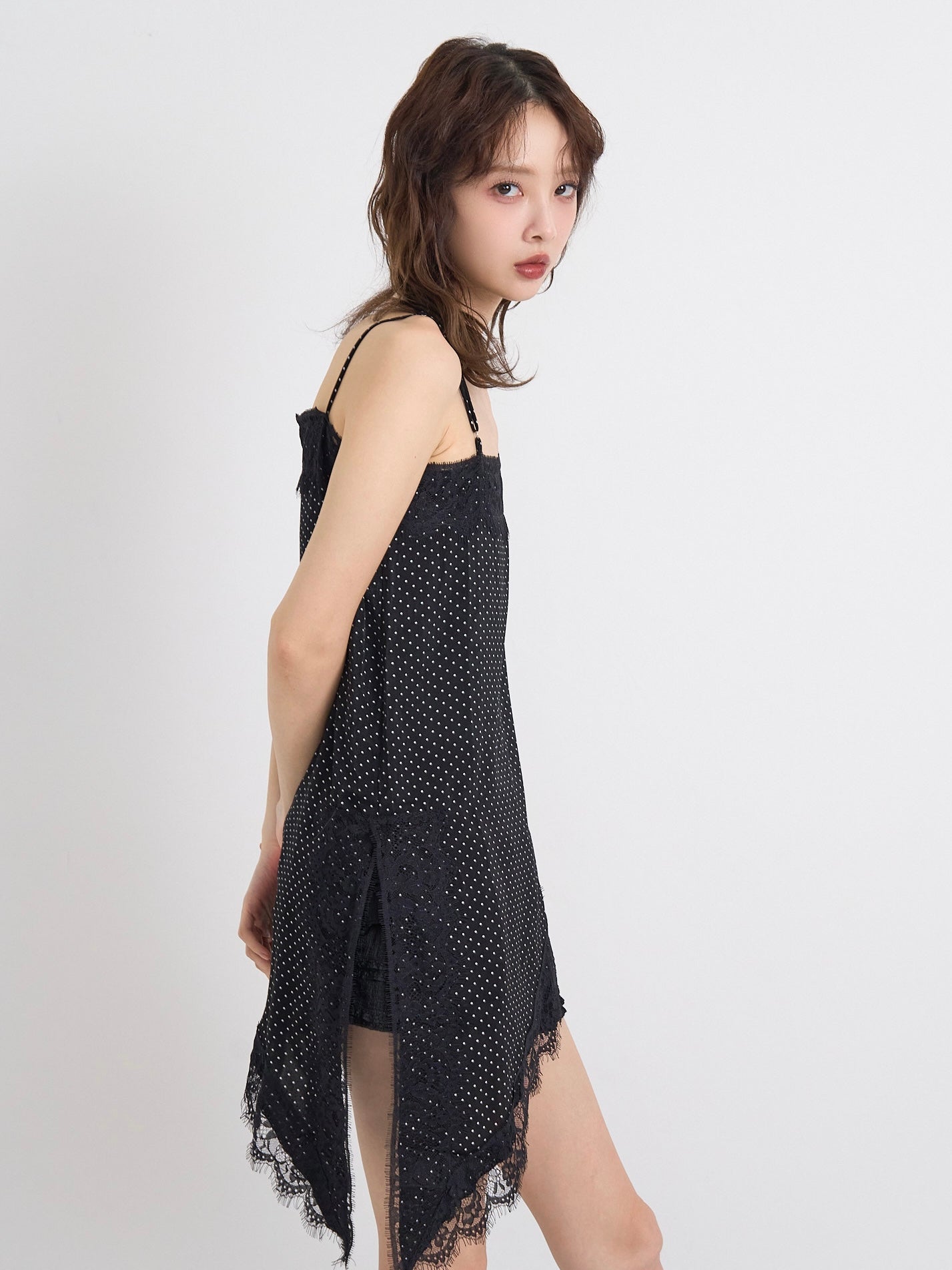dot lace slip dress
